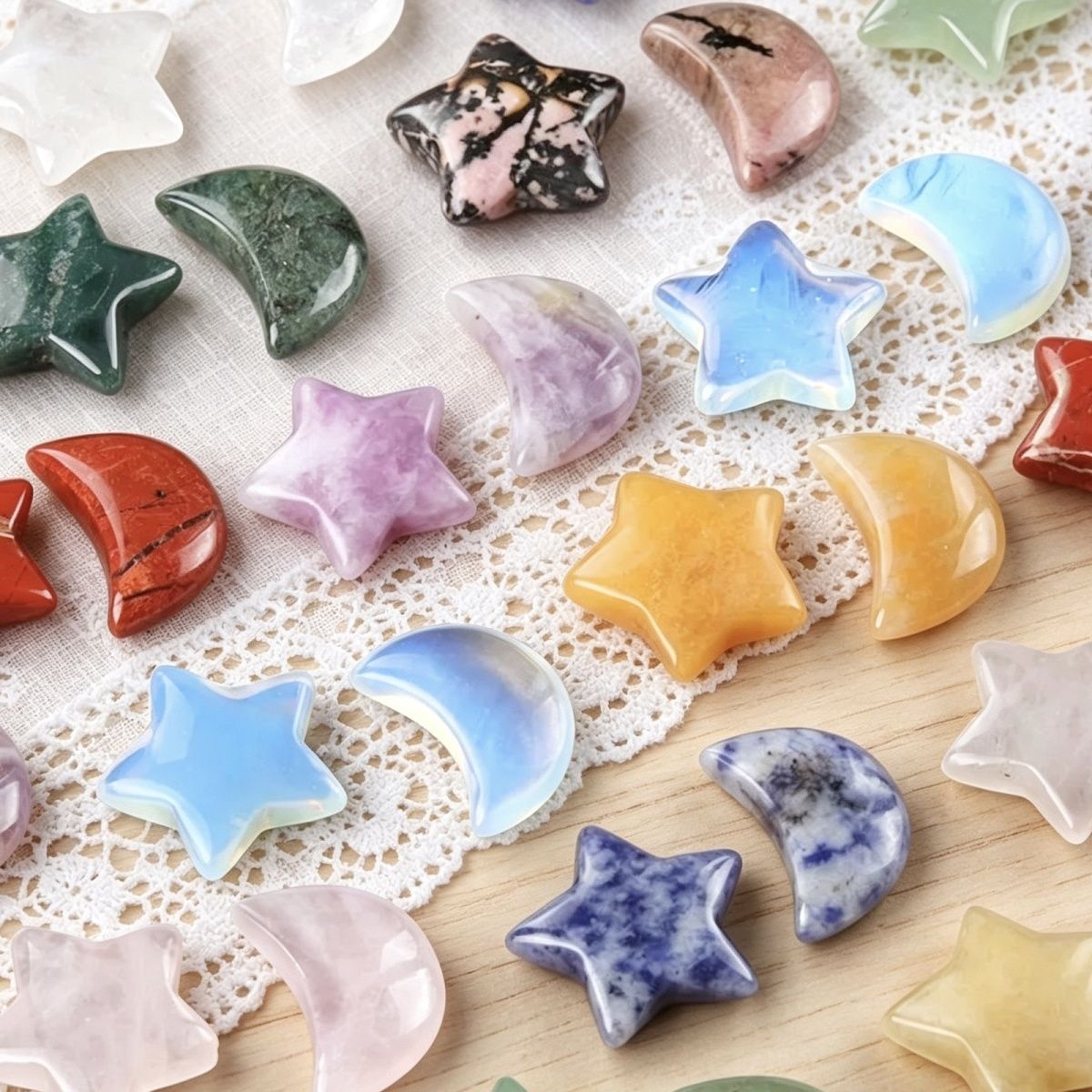 Natural crystal, agate, and semi-precious stone 20mm five-pointed star, star, and moon decorative accessories (undrilled)