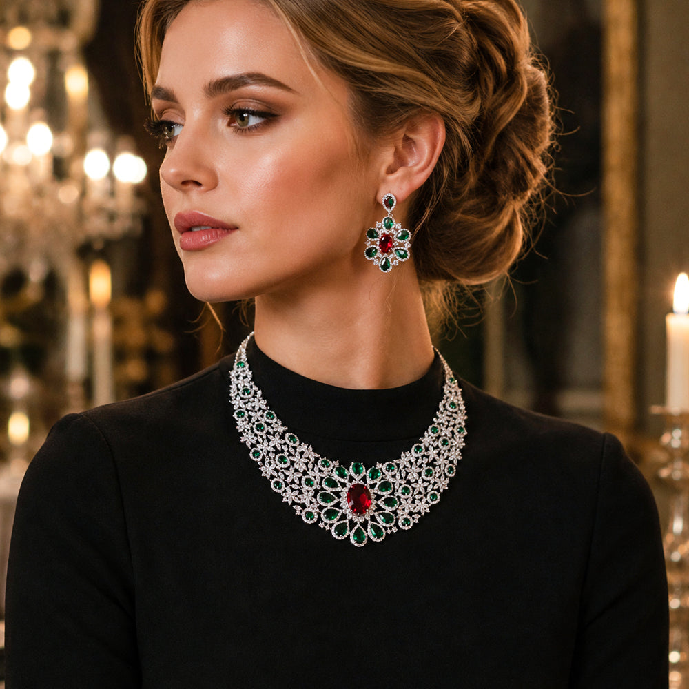 Silver Tone Oval Emerald & Ruby Crystal Bib Jewelry Set, Floral Cluster Red Green Gem Statement Necklace Drop Earrings, Luxury Bridal Formal Jewelry
