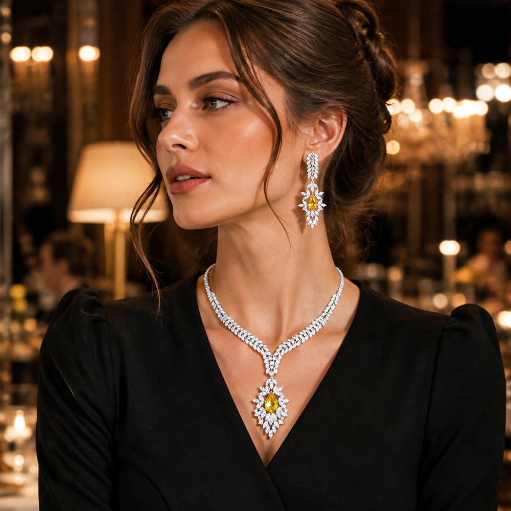 Luxury Yellow Pear‑Cut Zircon Jewelry Set, Silver Plated Necklace & Drop Earrings, Formal Evening Wedding Bridal Statement Jewelry Set for Women