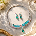Silver Tone Ombre Pink Blue Green Multi Shape Gemstone Fringe Jewelry Set, Gradient Color Cubic Zirconia Tassel Necklace & Drop Earrings Women Formal Banquet Bridal Statement Jewellery