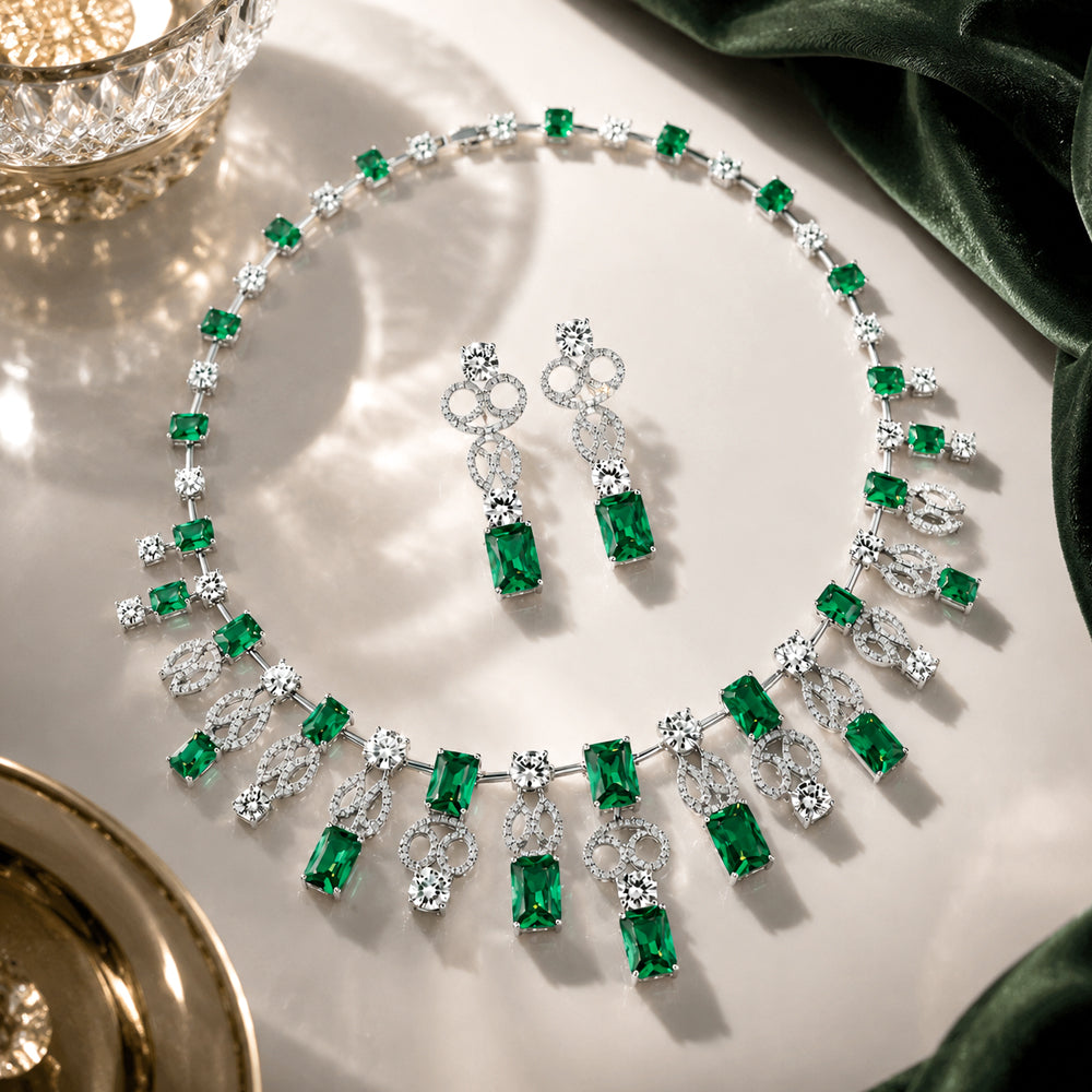 Emerald Crystal Fringe Jewelry Set, Rectangle Green Gem Cascading Necklace & Drop Earrings, Luxury Bridal Formal Statement Jewelry