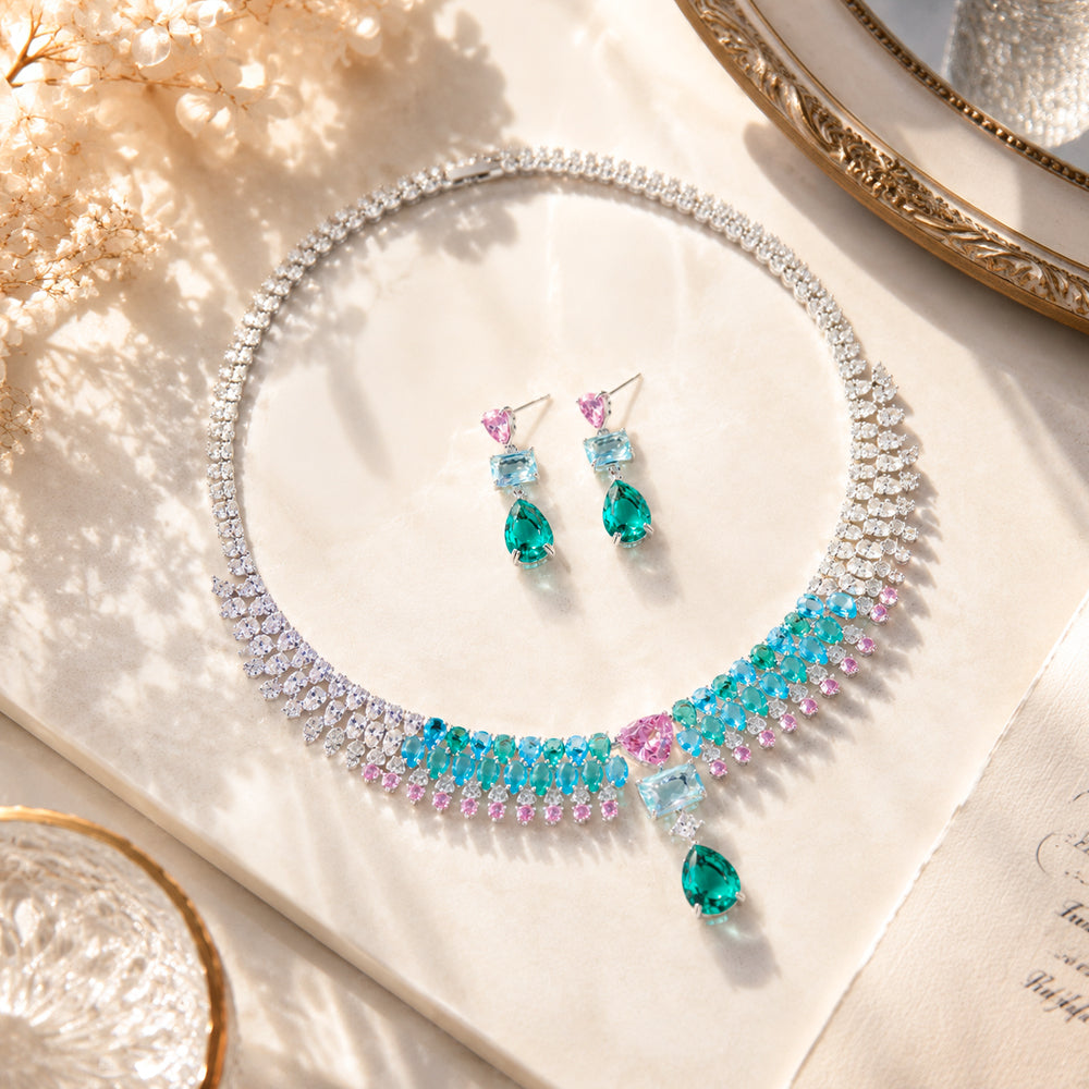 Silver Tone Ombre Pink Blue Green Multi Shape Gemstone Fringe Jewelry Set, Gradient Color Cubic Zirconia Tassel Necklace & Drop Earrings Women Formal Banquet Bridal Statement Jewellery