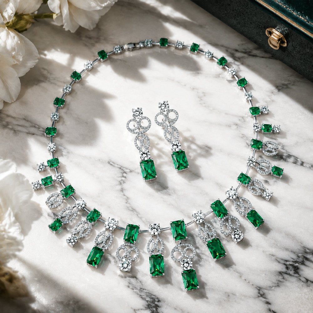 Emerald Crystal Fringe Jewelry Set, Rectangle Green Gem Cascading Necklace & Drop Earrings, Luxury Bridal Formal Statement Jewelry
