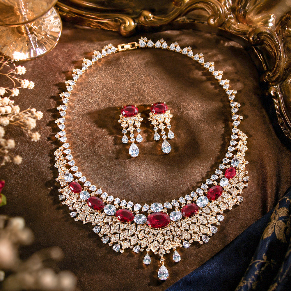 Vintage Royal Ruby Rhinestone Jewelry Set, Cascading Teardrop Fringe Bib Necklace Earrings, Evening Banquet Pageant Women Accessories
