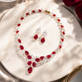 Vintage Royal Ruby Red Crystal Necklace Earring Set Women Formal Gala Prom Wedding Statement Dress Jewelry