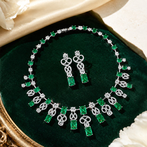 Emerald Crystal Fringe Jewelry Set, Rectangle Green Gem Cascading Necklace & Drop Earrings, Luxury Bridal Formal Statement Jewelry