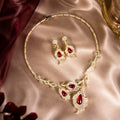 Floral Leaf Ruby Crystal Jewelry Set, Teardrop Red Gem Vine Necklace & Drop Earrings, Vintage Nature Inspired Luxury Bridal Formal Jewelry