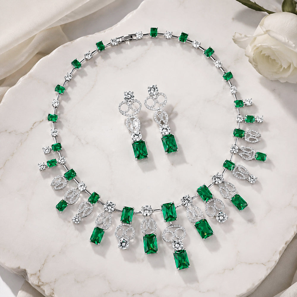 Emerald Crystal Fringe Jewelry Set, Rectangle Green Gem Cascading Necklace & Drop Earrings, Luxury Bridal Formal Statement Jewelry
