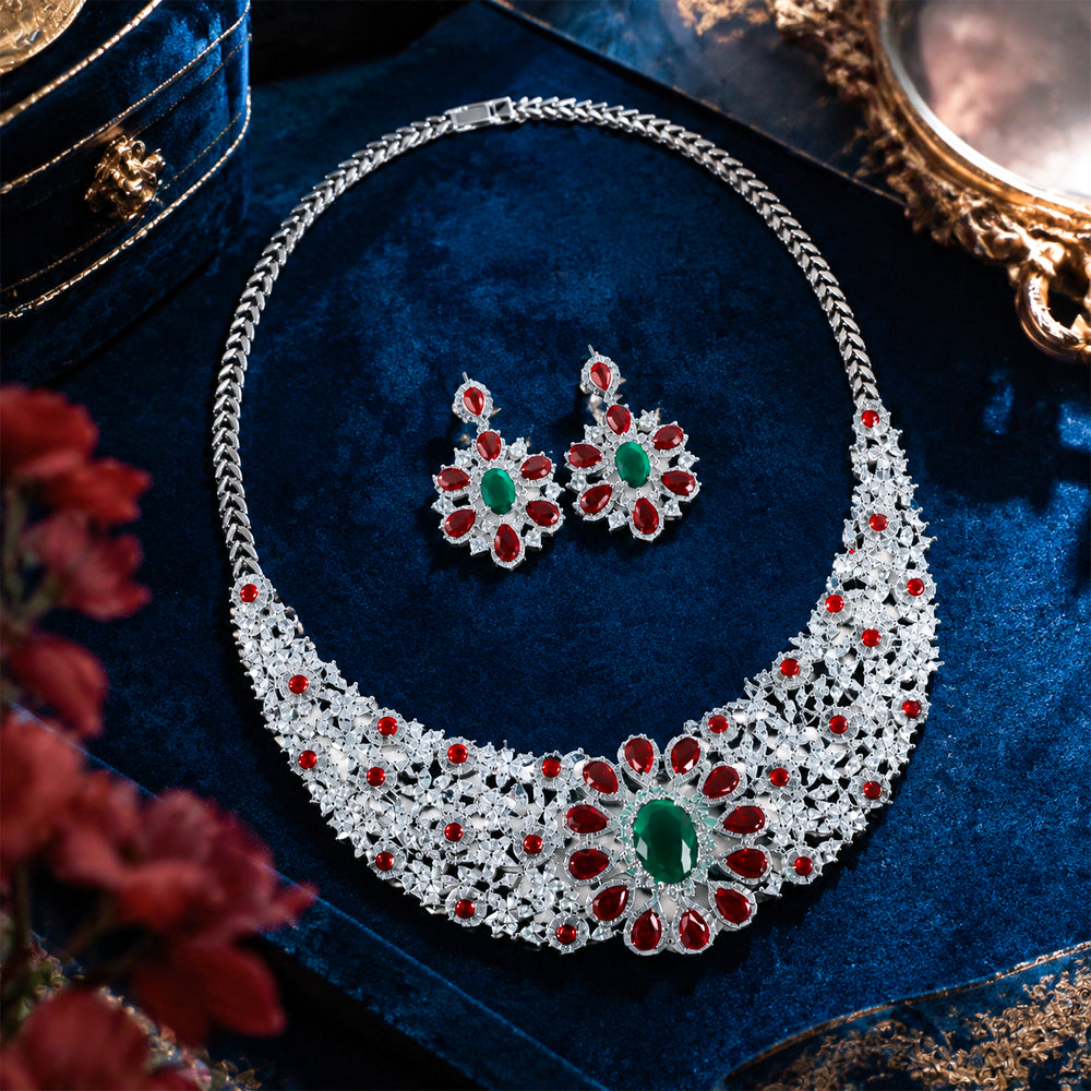 Silver Tone Oval Emerald & Ruby Crystal Bib Jewelry Set, Floral Cluster Red Green Gem Statement Necklace Drop Earrings, Luxury Bridal Formal Jewelry