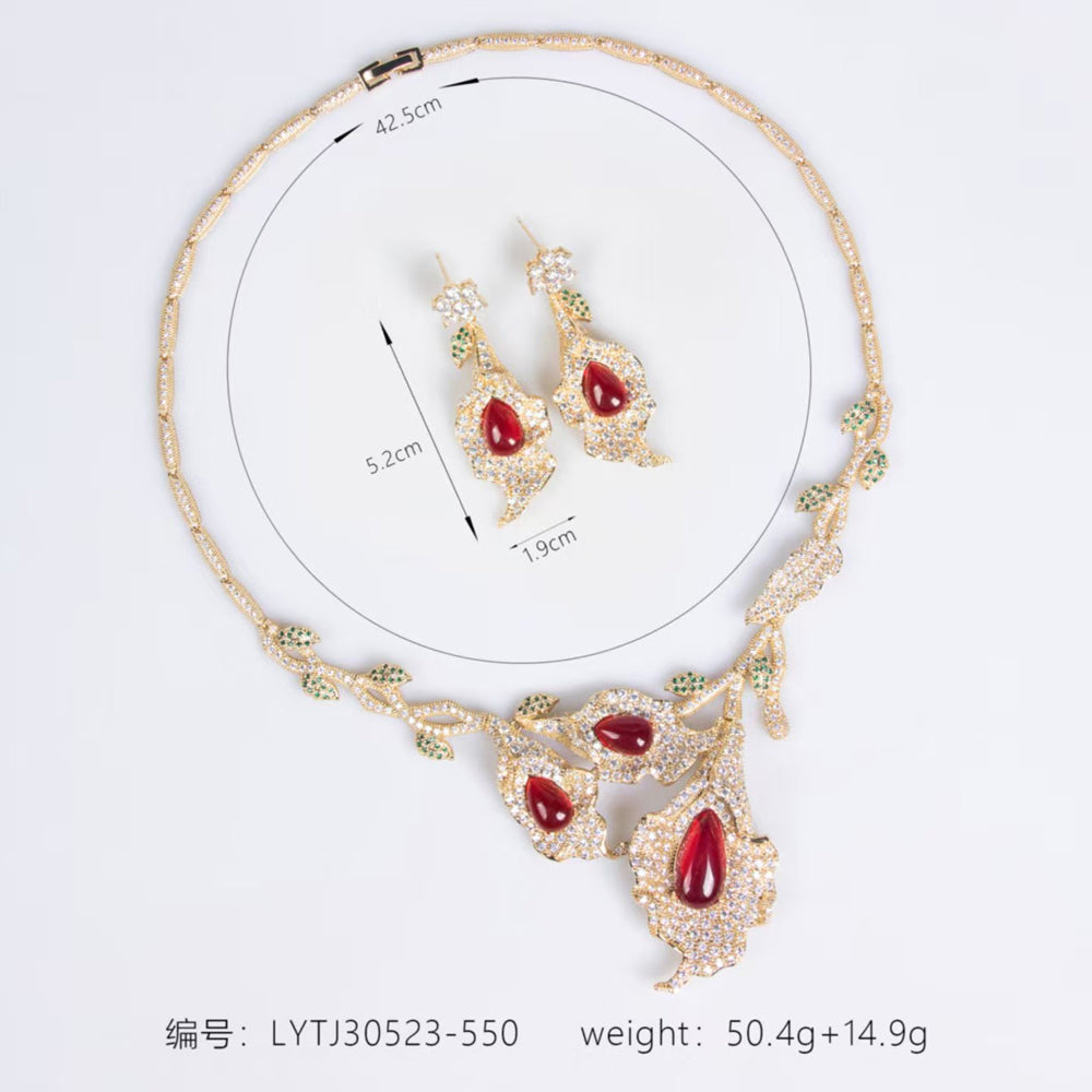 Floral Leaf Ruby Crystal Jewelry Set, Teardrop Red Gem Vine Necklace & Drop Earrings, Vintage Nature Inspired Luxury Bridal Formal Jewelry
