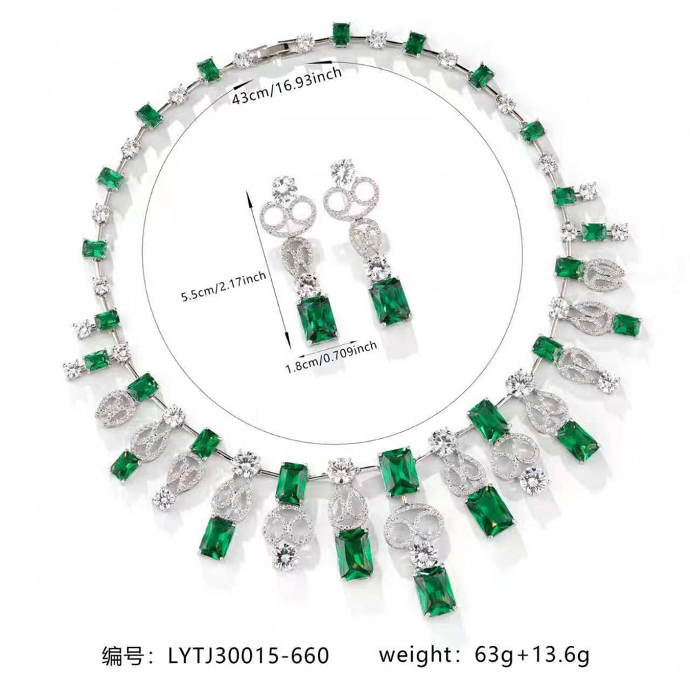 Emerald Crystal Fringe Jewelry Set, Rectangle Green Gem Cascading Necklace & Drop Earrings, Luxury Bridal Formal Statement Jewelry