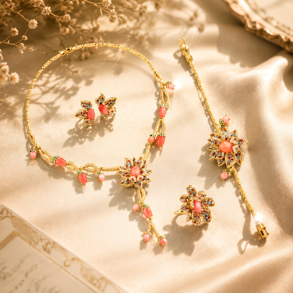 Vintage Chinese Palace Ruby Jewelry Set  Hand Enamel Inlaid Cubic Zirconia Choker Necklace Earrings Hairpin Ring Luxury Formal Wedding Banquet Gala Oriental Statement Jewelry for Women