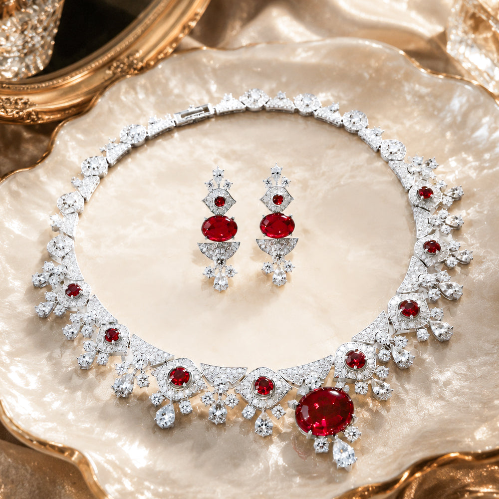 Luxury Vintage Royal Oval Ruby Cubic Zirconia Jewelry Set, Silver Tone Scalloped Fan Design Red Gemstone Necklace and Dangle Earrings, Formal Evening Bridal Statement Jewellery Gift for Her