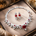 Luxury Vintage Royal Oval Ruby Cubic Zirconia Jewelry Set, Silver Tone Scalloped Fan Design Red Gemstone Necklace and Dangle Earrings, Formal Evening Bridal Statement Jewellery Gift for Her