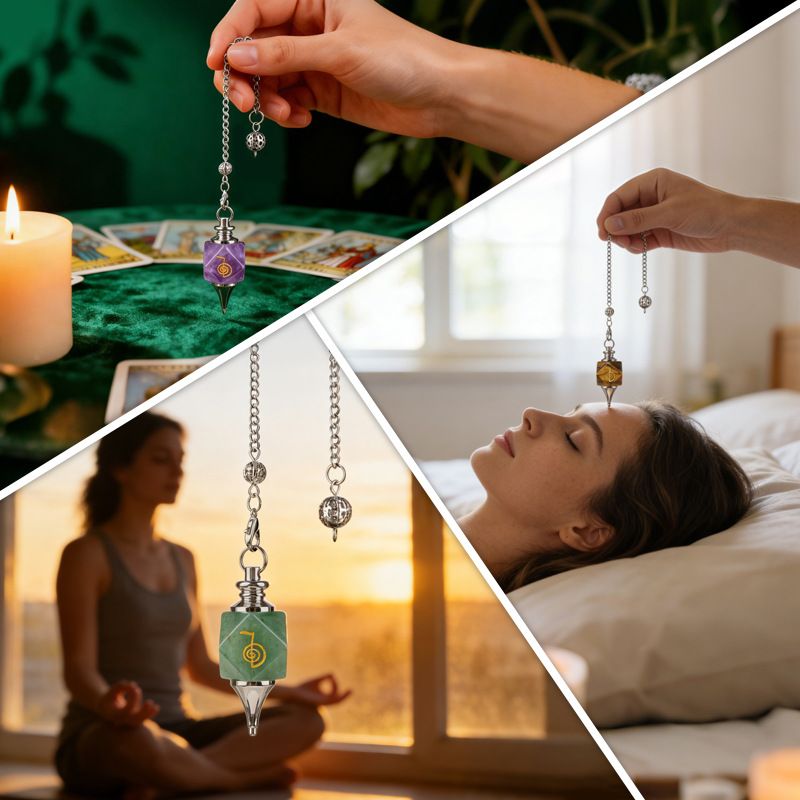 Natural Crystal Pendulum Pendant – Geometric Shape with Engraved Runes/Symbols; Adjustable Natural Stone Pendulum for Yoga and Meditation