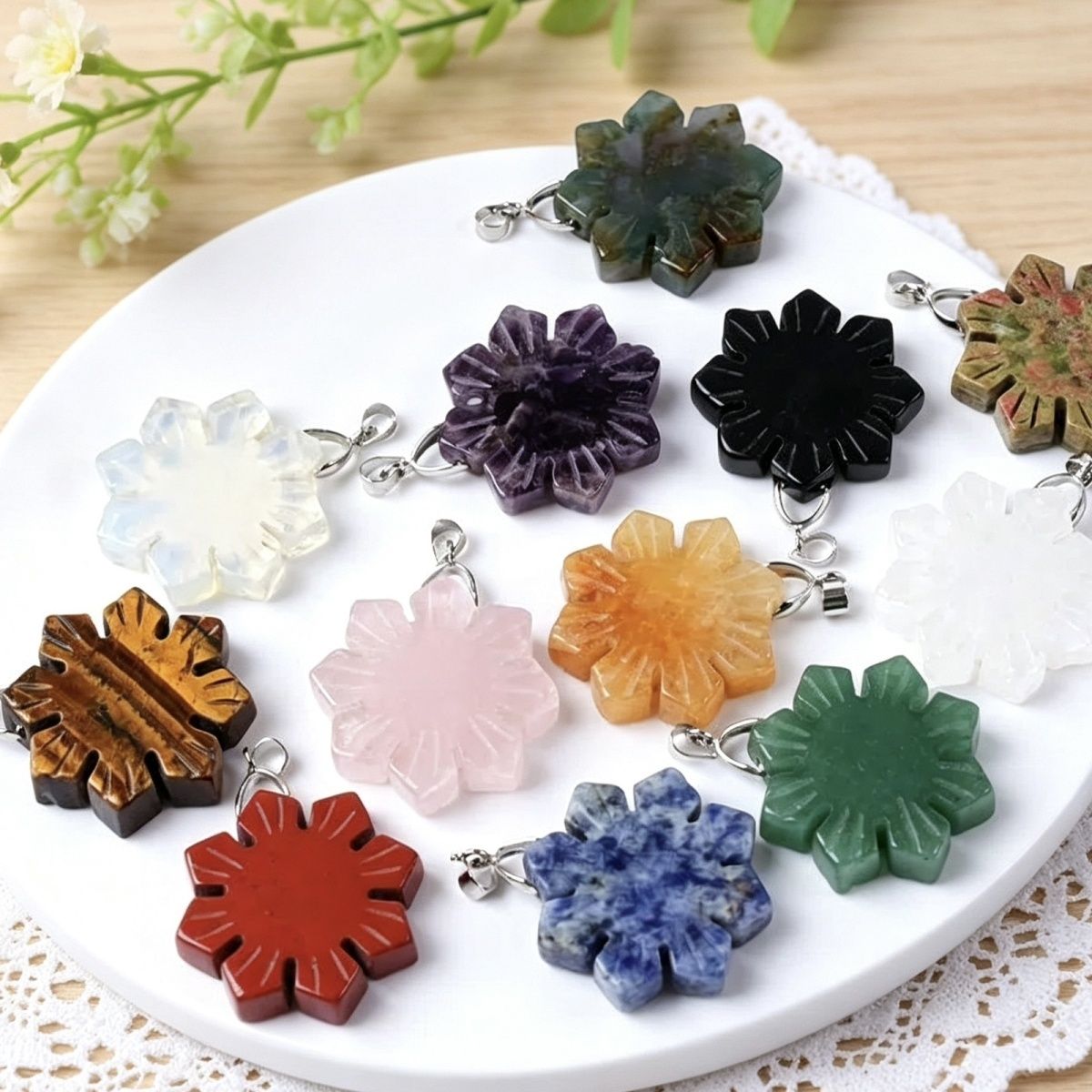 Natural Crystal and Agate Semi-Precious Stone Snowflake-Shaped Pendant – DIY Necklace & Handmade Jewelry