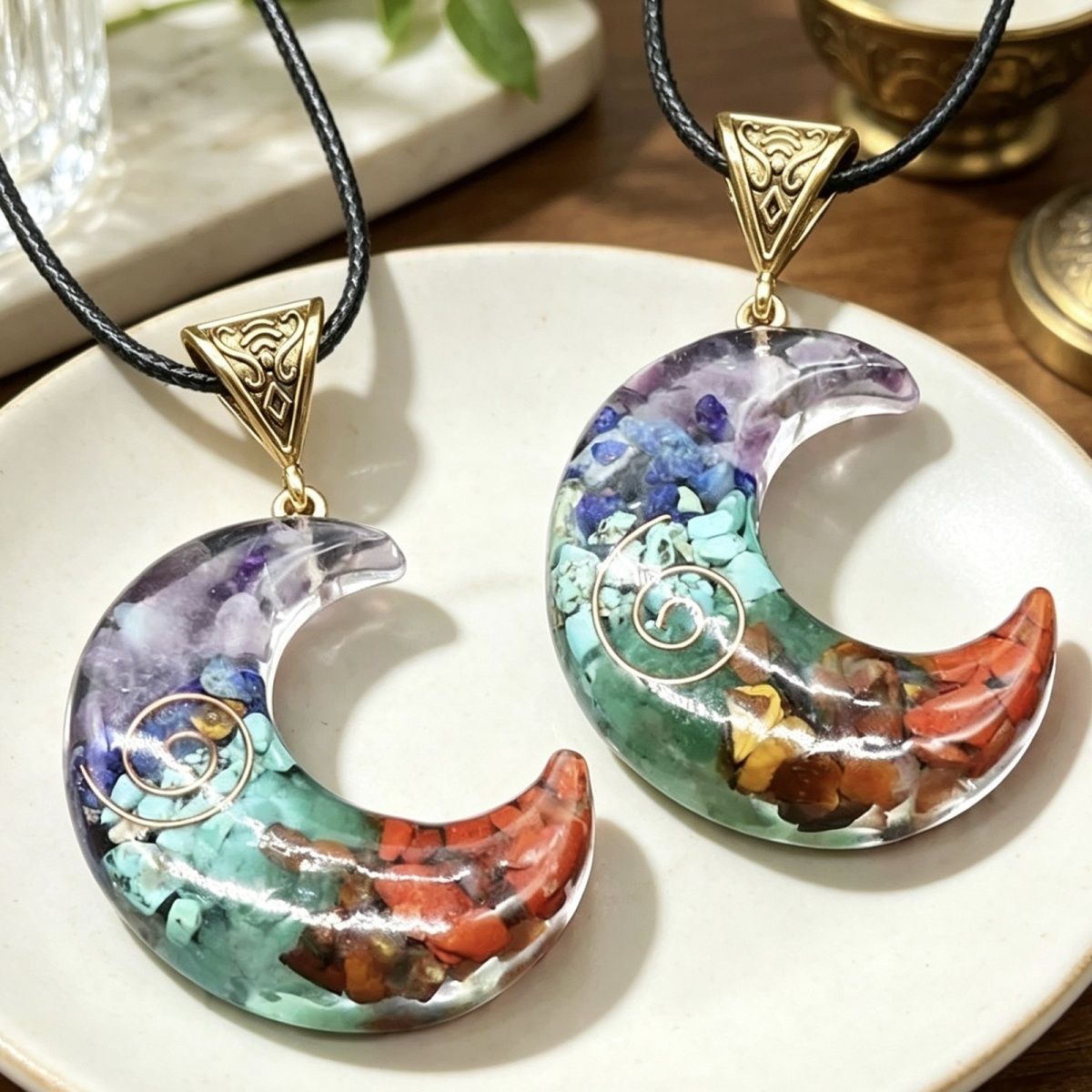 Multicolor Crushed Stone & Resin Moon Pendant – Natural Crystal Gemstone & Epoxy Resin Chakra Moon Necklace