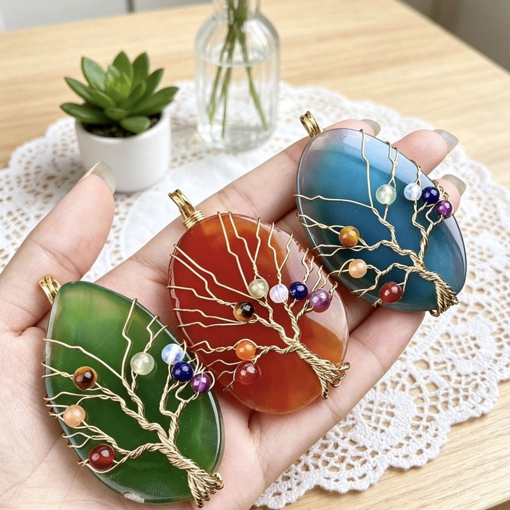 45–60mm Agate Slice Wire-Wrapped Tree of Life Pendant – DIY Accessory
