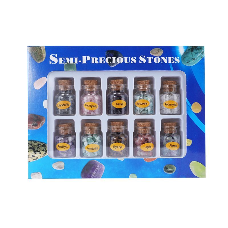 Drift Bottle Mineral Specimen Set with Demagnetizing Crystal Chips and Mineral Display Piece