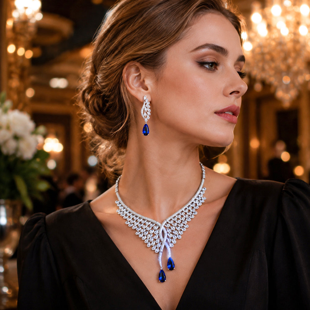 Silver Wing Shape Ruby Crystal Jewelry Set, Pear Cut Red Gem Bib Necklace & Drop Earrings, Luxury Bridal Statement Jewelry for Wedding & Pageant