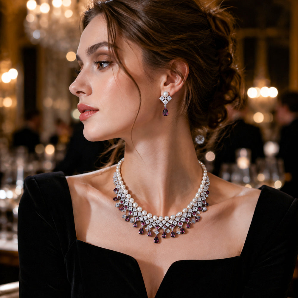 Silver Tone Pearl & Emerald Crystal Fringe Jewelry Set, Square Zircon Cascading Necklace & Drop Earrings, Luxury Vintage Bridal Formal Statement Jewelry