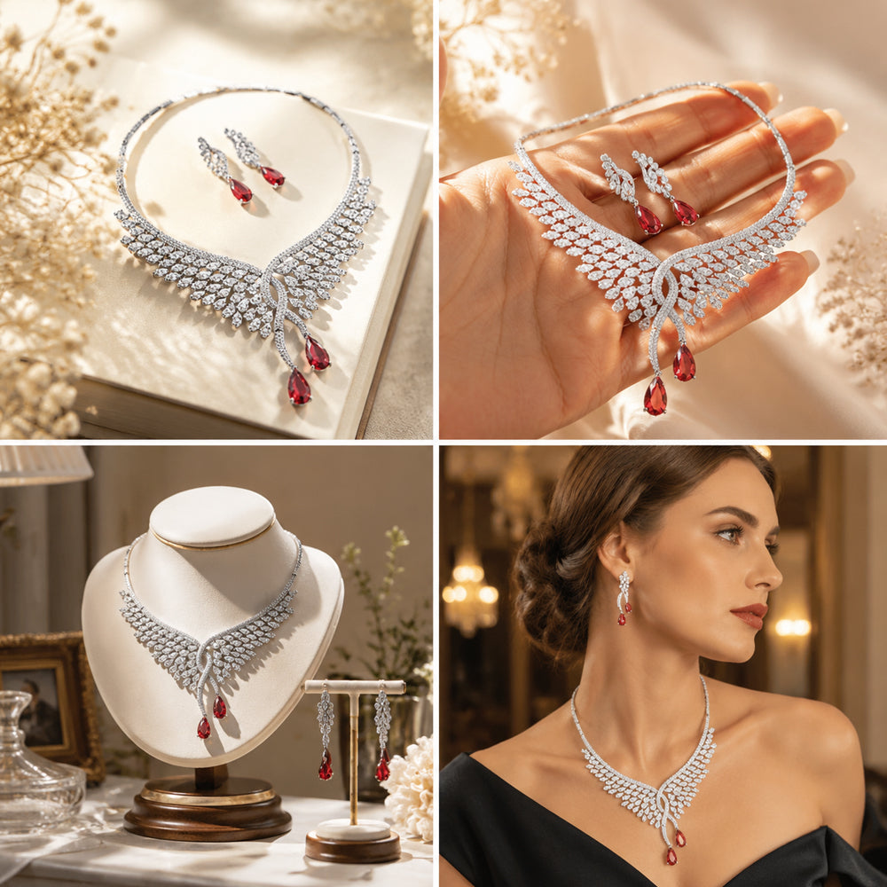 Silver Wing Shape Ruby Crystal Jewelry Set, Pear Cut Red Gem Bib Necklace & Drop Earrings, Luxury Bridal Statement Jewelry for Wedding & Pageant