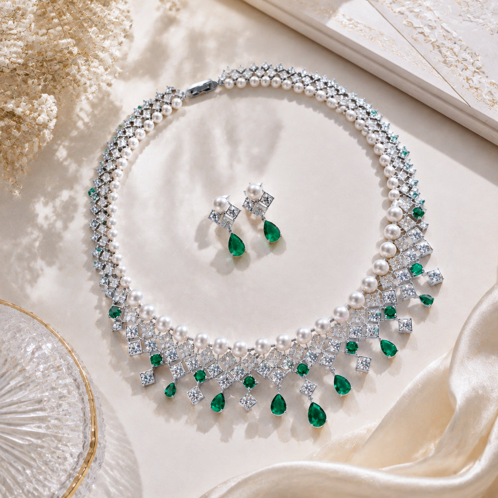 Silver Tone Pearl & Emerald Crystal Fringe Jewelry Set, Square Zircon Cascading Necklace & Drop Earrings, Luxury Vintage Bridal Formal Statement Jewelry