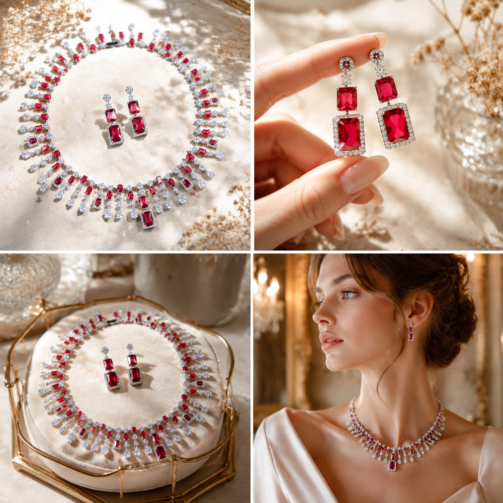 Vintage Rectangle Ruby Rhinestone Jewelry Set, Fringe Tassel Red Crystal Necklace Earrings Set, Pageant Evening Banquet Women Accessories