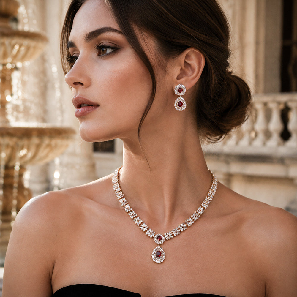 Vintage Floral Ruby Crystal Jewelry Set, Gold Tone Oval Teardrop Red Gem Necklace & Drop Earrings, Luxury Bridal Statement Jewelry for Wedding Banquet