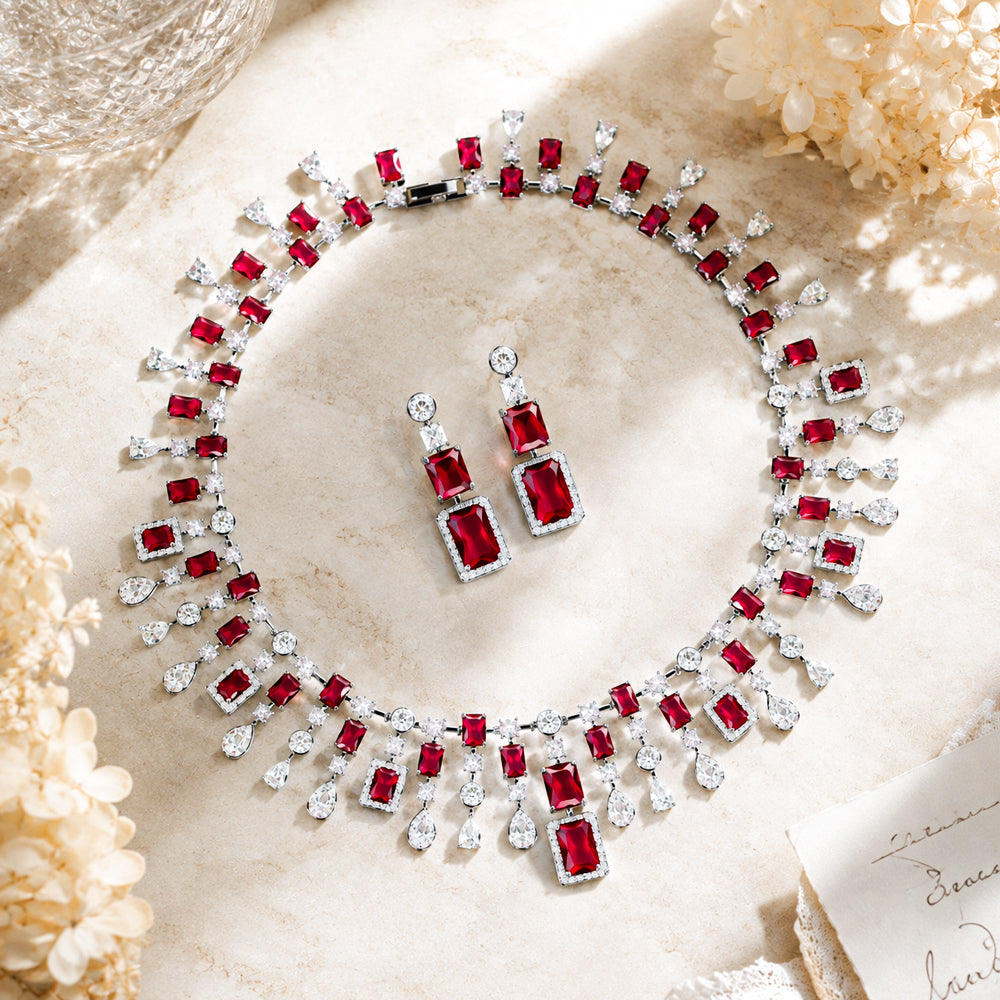 Vintage Rectangle Ruby Rhinestone Jewelry Set, Fringe Tassel Red Crystal Necklace Earrings Set, Pageant Evening Banquet Women Accessories