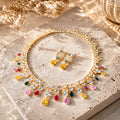 Multicolor Teardrop Crystal Bridal Jewelry Set, Gold Plated Waterfall Rhinestone Necklace Earrings Set, Colorful Gem Statement Wedding Party Jewelry