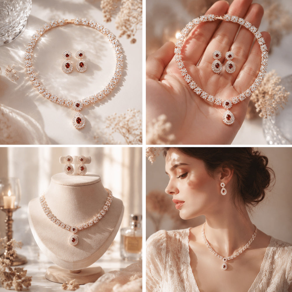 Vintage Floral Ruby Crystal Jewelry Set, Gold Tone Oval Teardrop Red Gem Necklace & Drop Earrings, Luxury Bridal Statement Jewelry for Wedding Banquet