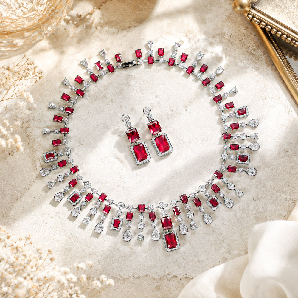 Vintage Rectangle Ruby Rhinestone Jewelry Set, Fringe Tassel Red Crystal Necklace Earrings Set, Pageant Evening Banquet Women Accessories