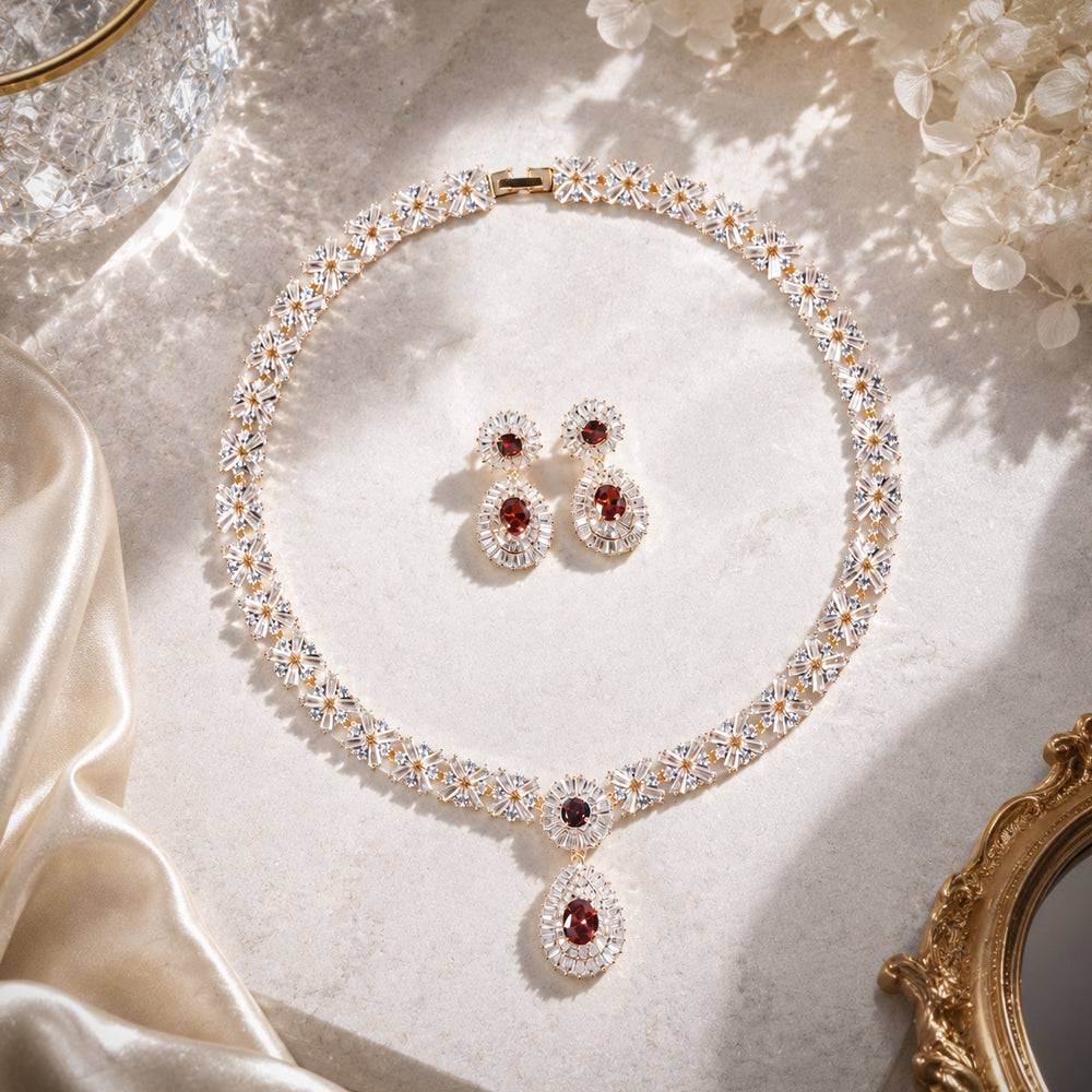 Vintage Floral Ruby Crystal Jewelry Set, Gold Tone Oval Teardrop Red Gem Necklace & Drop Earrings, Luxury Bridal Statement Jewelry for Wedding Banquet