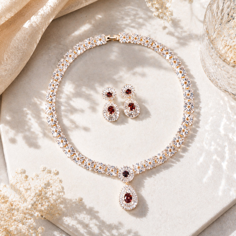 Vintage Floral Ruby Crystal Jewelry Set, Gold Tone Oval Teardrop Red Gem Necklace & Drop Earrings, Luxury Bridal Statement Jewelry for Wedding Banquet