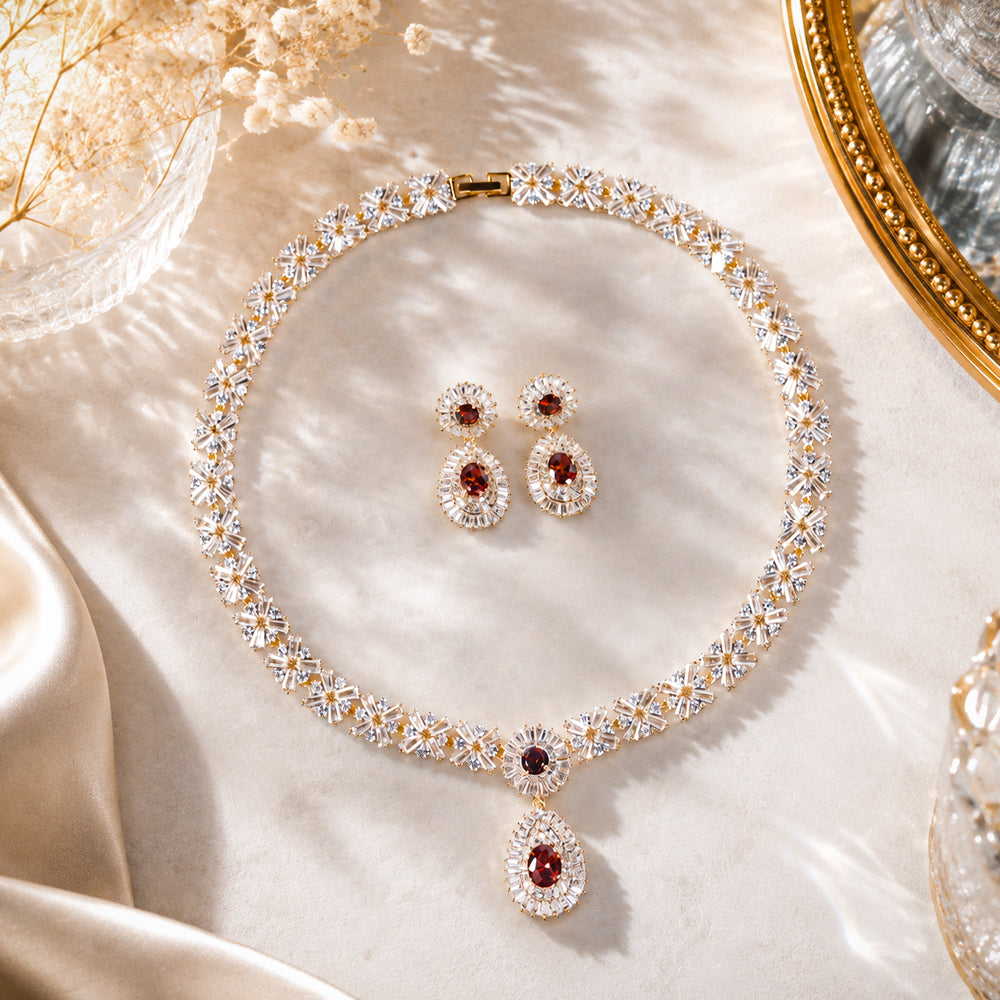 Vintage Floral Ruby Crystal Jewelry Set, Gold Tone Oval Teardrop Red Gem Necklace & Drop Earrings, Luxury Bridal Statement Jewelry for Wedding Banquet