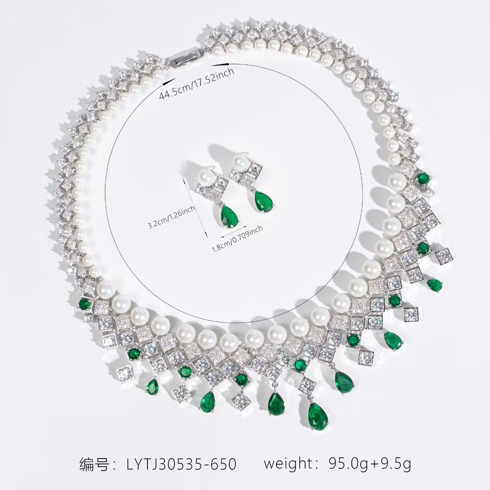 Silver Tone Pearl & Emerald Crystal Fringe Jewelry Set, Square Zircon Cascading Necklace & Drop Earrings, Luxury Vintage Bridal Formal Statement Jewelry