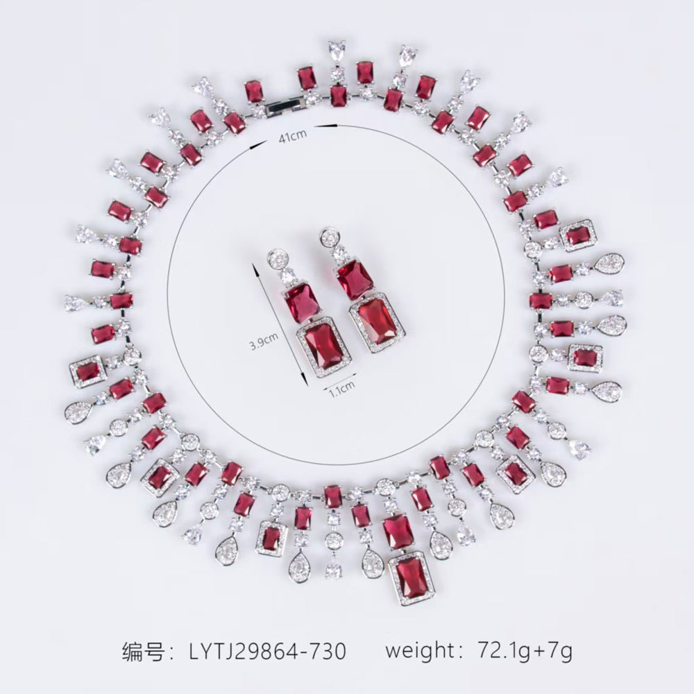 Vintage Rectangle Ruby Rhinestone Jewelry Set, Fringe Tassel Red Crystal Necklace Earrings Set, Pageant Evening Banquet Women Accessories