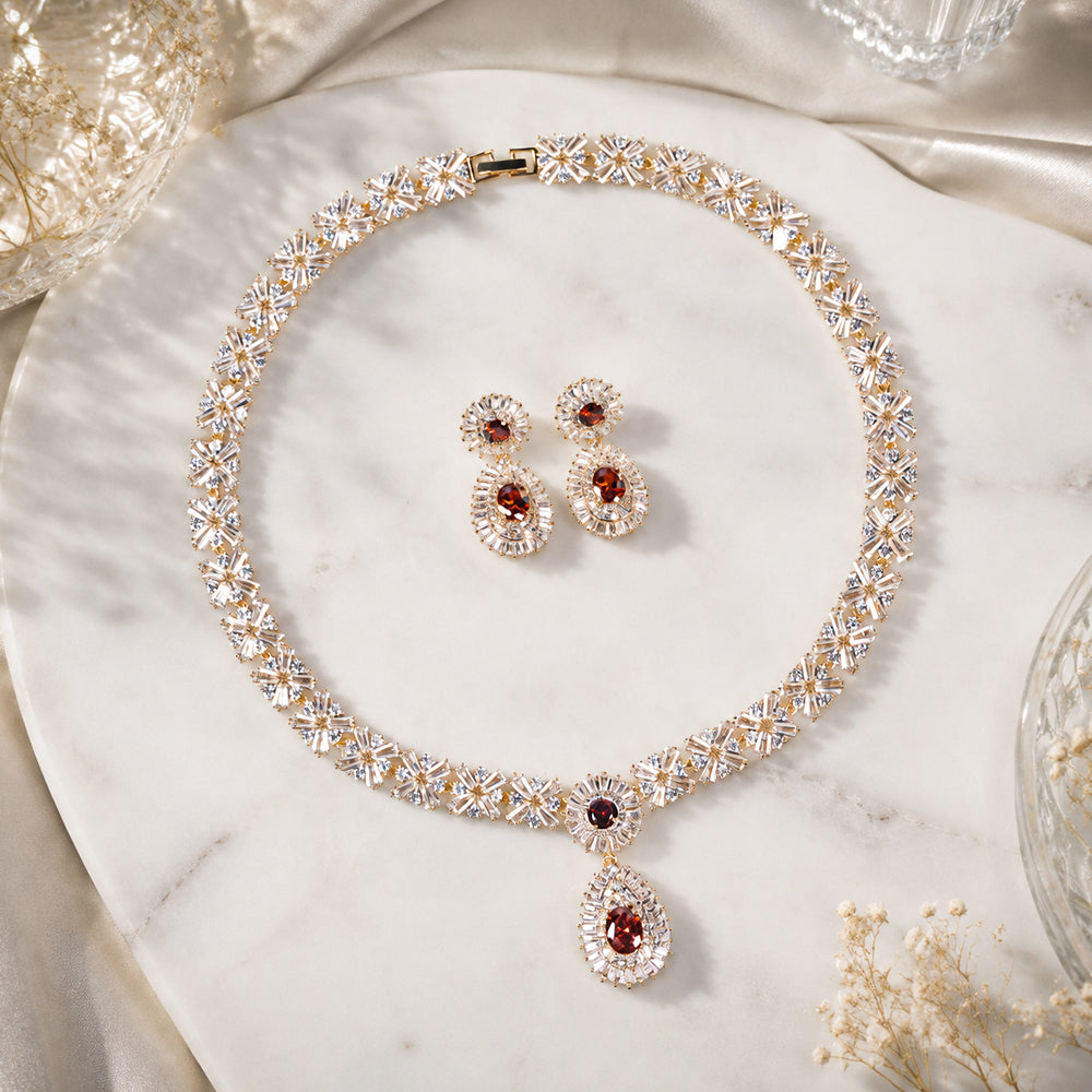 Vintage Floral Ruby Crystal Jewelry Set, Gold Tone Oval Teardrop Red Gem Necklace & Drop Earrings, Luxury Bridal Statement Jewelry for Wedding Banquet
