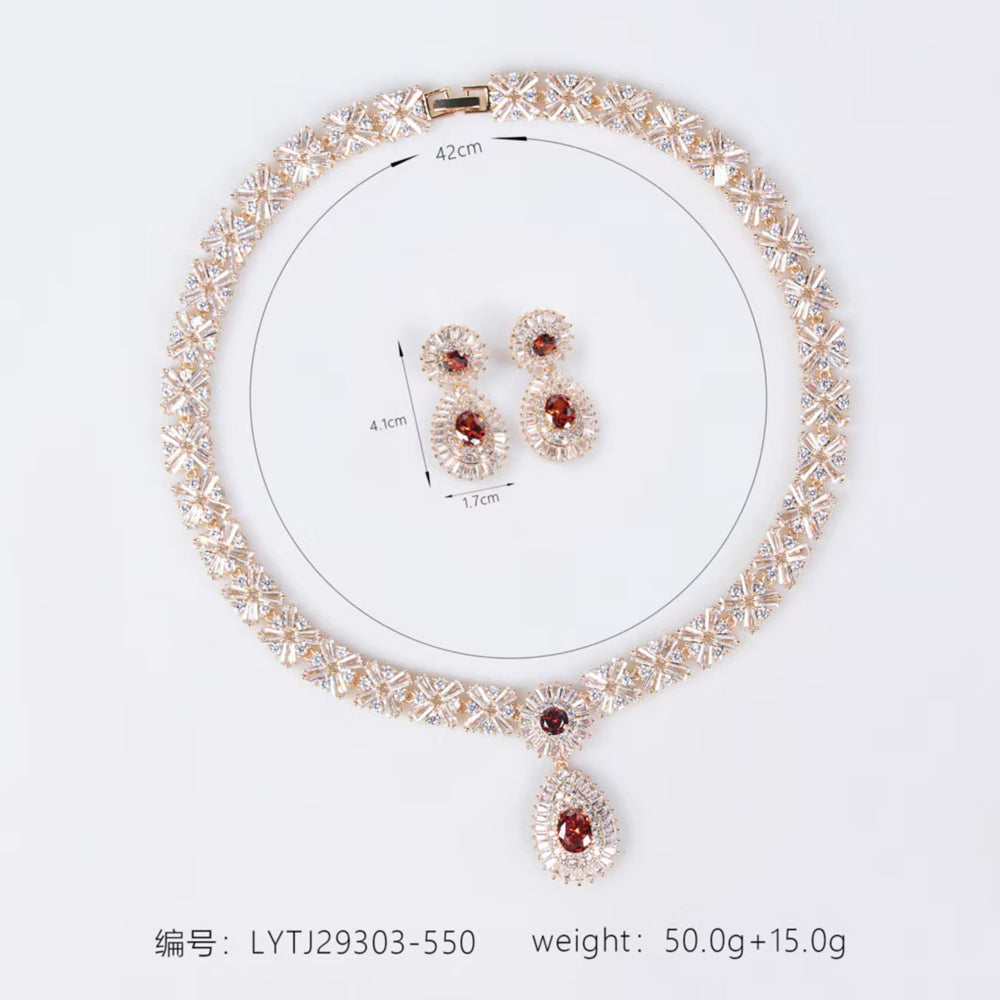 Vintage Floral Ruby Crystal Jewelry Set, Gold Tone Oval Teardrop Red Gem Necklace & Drop Earrings, Luxury Bridal Statement Jewelry for Wedding Banquet