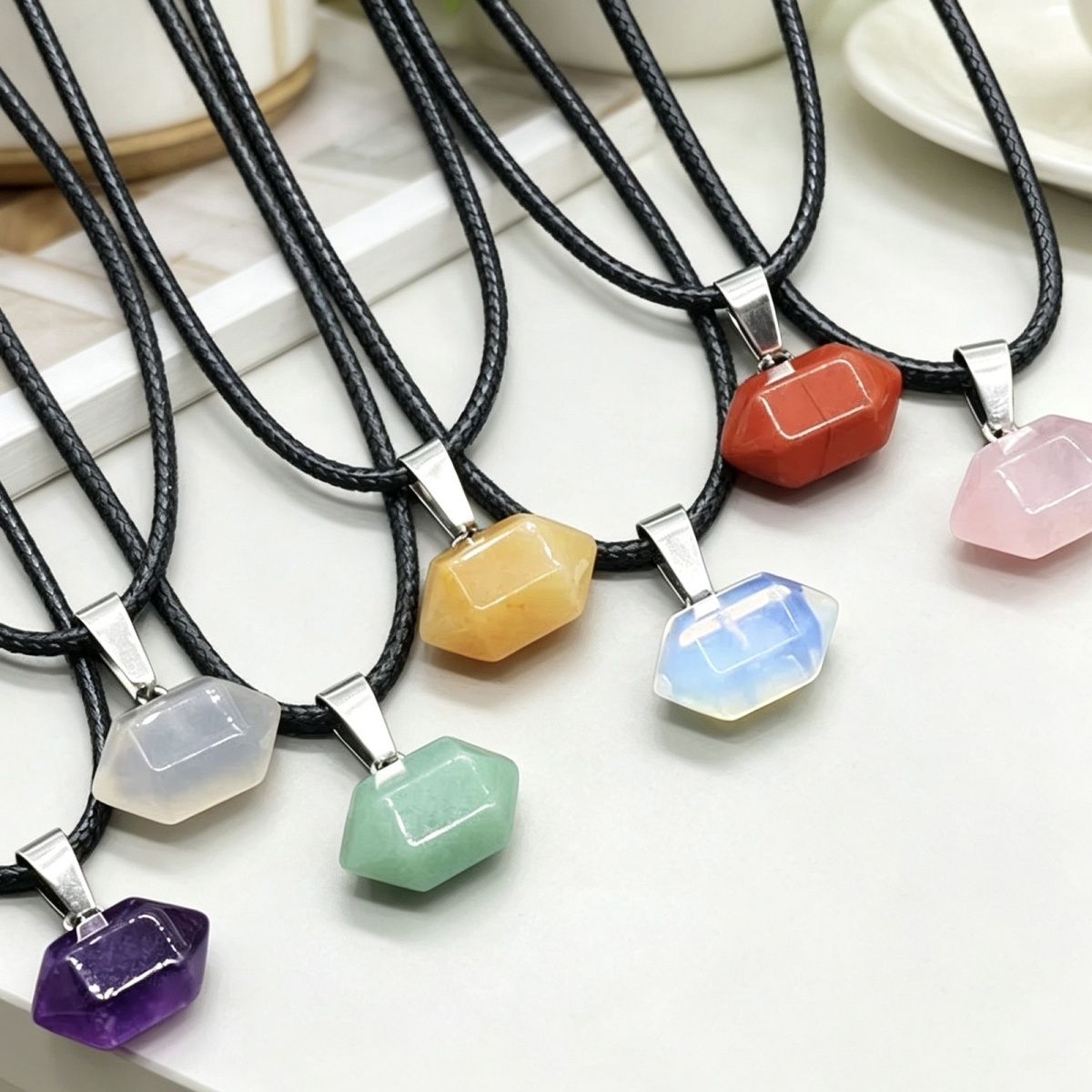 Natural Crystal and Agate Double-Pointed Hexagonal Column Pendant / Bullet-Style Necklace