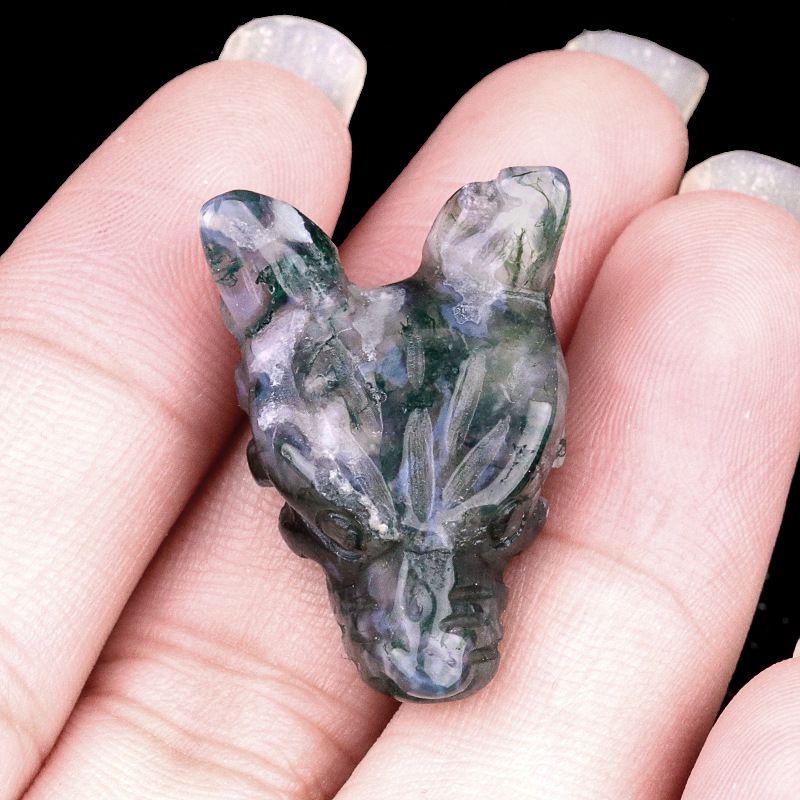 Hand-carved wolf head figurine made of natural amethyst, rose quartz, and tiger's eye—small animal ornament.