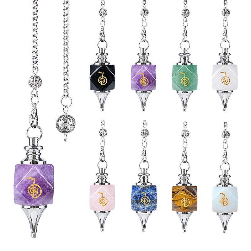 Natural Crystal Pendulum Pendant – Geometric Shape with Engraved Runes/Symbols; Adjustable Natural Stone Pendulum for Yoga and Meditation