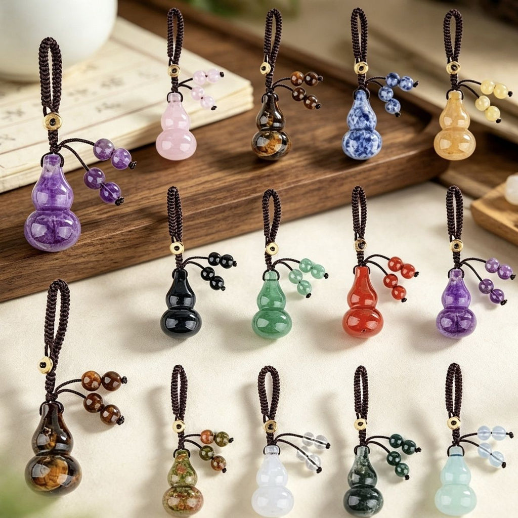 Natural Crystal Gourd Keychain/Charm – DIY Braided Cord Accessory for Cars, Bags, and Decor (Jade & Agate Gourd)
