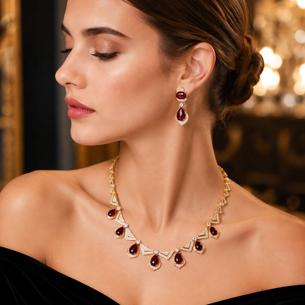 Gold Tone Teardrop Emerald Crystal Jewelry Set, Triangle Frame Zircon Necklace & Drop Earrings, Vintage Geometric Luxury Bridal Formal Statement Jewelry