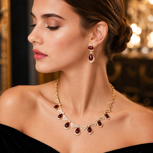 Gold Tone Teardrop Emerald Crystal Jewelry Set, Triangle Frame Zircon Necklace & Drop Earrings, Vintage Geometric Luxury Bridal Formal Statement Jewelry