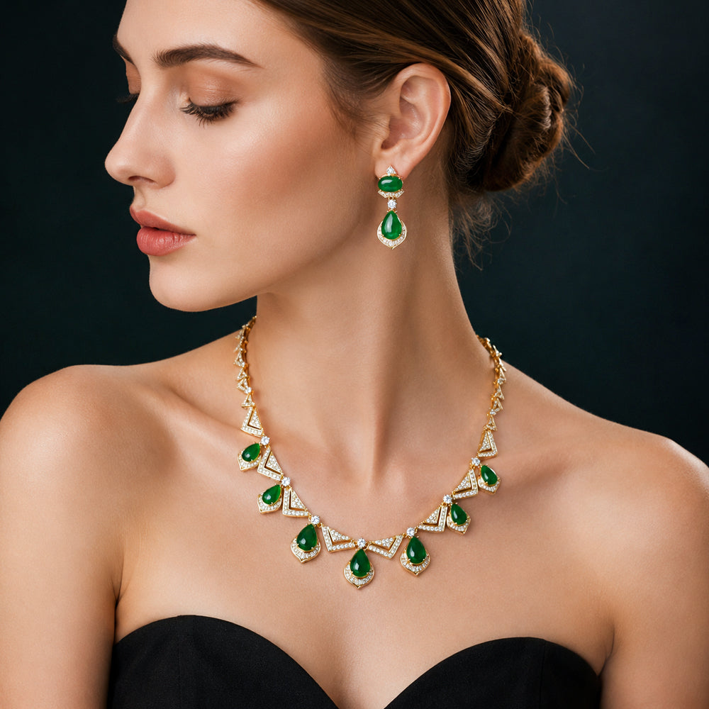 Gold Tone Teardrop Emerald Crystal Jewelry Set, Triangle Frame Zircon Necklace & Drop Earrings, Vintage Geometric Luxury Bridal Formal Statement Jewelry