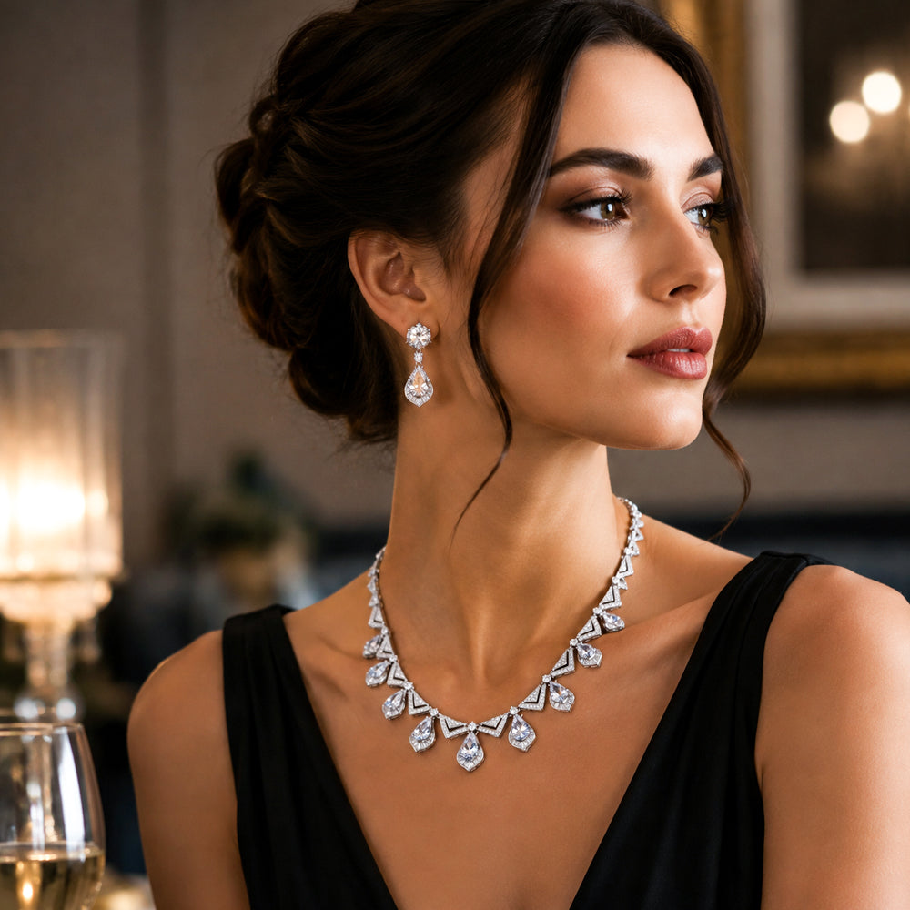 Gold Tone Teardrop Emerald Crystal Jewelry Set, Triangle Frame Zircon Necklace & Drop Earrings, Vintage Geometric Luxury Bridal Formal Statement Jewelry