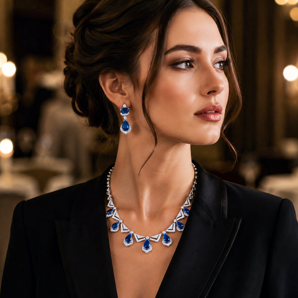 Gold Tone Teardrop Emerald Crystal Jewelry Set, Triangle Frame Zircon Necklace & Drop Earrings, Vintage Geometric Luxury Bridal Formal Statement Jewelry