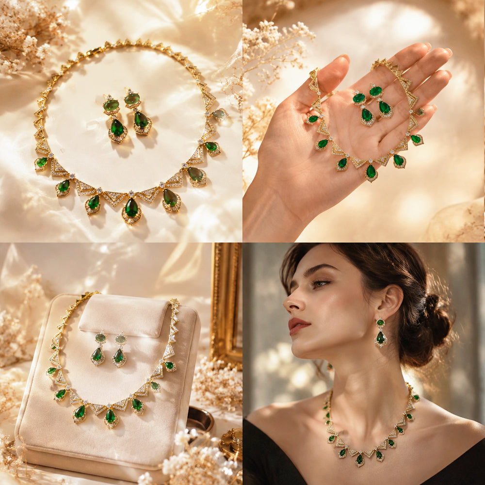 Gold Tone Teardrop Emerald Crystal Jewelry Set, Triangle Frame Zircon Necklace & Drop Earrings, Vintage Geometric Luxury Bridal Formal Statement Jewelry